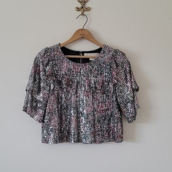 Saltwater LUXE Sequin Floral Print Ruffle Crop Top Size Small S - Picture 2 of 7